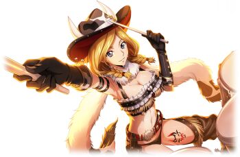 1girl animal_print arm_up armpits artist_request belt belt_buckle black_gloves black_panties black_shirt blonde_hair blue_eyes boots braid breasts brown_boots buckle cleavage code_geass code_geass:_lost_stories cow_horns cow_print cowboy_hat cowgirl_(western) crop_top drum drum_set drumsticks female_focus frilled_shirt frills fringe_trim fur_collar game_cg gloves hair_tie hand_up happy hat heart highres holding holding_drumsticks holster horned_hat horns instrument jewelry large_breasts leg_tattoo locket looking_at_viewer medium_hair milly_ashford navel non-web_source official_art outstretched_arm panties parted_lips pendant print_hat shirt sidelocks simple_background sitting sleeveless sleeveless_shirt smile solo spurs star_(symbol) stomach sweat tattoo teeth thigh_boots thighs transparent_background twin_braids underwear