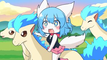 Rule 34 | 1girl, ;d, alternate color, animal ears, blue eyes, blue hair, chibi, chibi only, colored skin, commentary, english commentary, fire, gen 1 pokemon, gradient sky, grass, highres, horse, indie virtual youtuber, nintendo, one eye closed, open mouth, pointing, pokemon, pokemon (creature), pokemon dppt, ponyta, shiny pokemon, sky, smile, star-shaped pupils, star (symbol), symbol-shaped pupils, tail, thick eyelashes, virtual youtuber, wolf ears, wolf girl, wolf tail, wolfychu, wolfychu (artist)