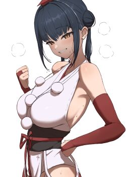 1girl absurdres backless_kimono bare_shoulders black_hair black_sash breasts bridal_gauntlets brown_eyes chinstrap clenched_hand clothing_cutout commentary_request cowboy_shot double_bun elbow_gloves fist_pump from_side gloves grin hair_bun hakama hakama_pants hand_on_own_hip hat highres hip_vent japanese_clothes kaekae_kaeru kimono large_breasts long_hair nijisanji obi obijime pants pelvic_curtain pom_pom_(clothes) red_bridal_gauntlets red_hakama red_hat sash short_kimono shoulder_blush side_up_bun sideboob sideless_kimono simple_background sleeveless sleeveless_kimono smile solo steaming_body sweat tokin_hat twintails twintails_with_hair_base very_sweaty virtual_youtuber white_background white_kimono wispy_bangs yamagami_karuta yamagami_karuta_(1st_costume)