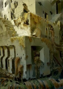 1girl abandoned animal_ears antlers architecture blue_eyes boots brown_hair deer_antlers deer_ears deer_girl ephe99261012 foot_dangle full_body hashtag-only_commentary highres horns industrial_pipe monster_girl moss original outdoors overgrown perspective post-apocalypse ruins scenery sitting sketch solo stairs wide_shot