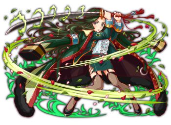 1girl anime_coloring aqua_armband armband artist_request belt belted_coat big_hair black_footwear black_garter_straps breasts brown_thighhighs button_gap buttoned_cuffs buttons center_frills closed_mouth coat coat_on_shoulders collar collared_jacket crash_fever eyelashes fighting_stance fingernails frills frown full_body game_cg garter_straps green_belt green_coat green_collar green_hair green_jacket green_skirt green_sleeves green_theme grey_eyes hair_intakes hijikata_toshizo_(crash_fever) hijikata_toshizou holding holding_sword holding_weapon jacket katana leaf legs_apart lips long_hair long_sleeves mature_female medium_breasts mole mole_under_eye number_print numbered official_art open_clothes open_jacket outline oversized_clothes parted_bangs pencil_skirt pink_petals pommel_tassel print_armband print_sleeves puffy-trimmed_coat puffy_collar red_belt red_lips red_outline red_petals red_trim see-through_clothes see-through_thighhighs shirt single_horizontal_stripe skirt sleeve_cuffs solo square square_print standing strappy_heels striped_clothes sword sword_tassel tachi-e tassel thighhighs third-party_source torn_clothes torn_skirt transparent_background v-shaped_eyebrows very_long_hair wavy_hair weapon white_collar white_shirt wind yellow_trim