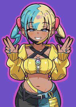 1girl absurdres bandeau belt black_belt blue_eyes blush breasts canari_(pokemon) collarbone commentary_request cowboy_shot double_v eyelashes grin hands_up highres hood hood_down hooded_jacket jacket jiji_tsubua leaning_forward long_sleeves looking_at_viewer multicolored_hair nail_polish navel nintendo open_clothes open_jacket pants pokemon pokemon_legends:_z-a sleeves_past_wrists smile solo twintails v yellow_bandeau yellow_jacket zipper zipper_pull_tab