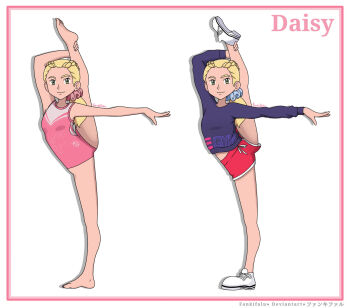 1girl absurdres arm_up armpits barefoot blonde_hair blue_eyes border breasts character_name curled_fingers dolphin_shorts fankifalu feet female_focus flexible forehead full_body gymnastics hair_ornament hair_scrunchie highres holding_own_leg knees leg_up legs leotard light_smile long_sleeves looking_at_viewer low_ponytail midriff_peek open_hand original outstretched_arm pink_border pink_leotard ponytail reference_sheet rope scrunchie shimenawa short_shorts shorts skin_tight small_breasts soles spread_legs standing thick_eyebrows toenails toes white_background