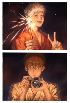 Rule 34 | 1boy, black hair, border, camera, closed mouth, fingernails, highres, hikaru ga shinda natsu, holding, holding camera, holding fireworks, indou hikaru, japanese clothes, looking at viewer, male focus, no mole, open mouth, short eyebrows, short hair, solo, teeth, tsujinaka yoshiki, upper body, v, verbartt, white border, white hair