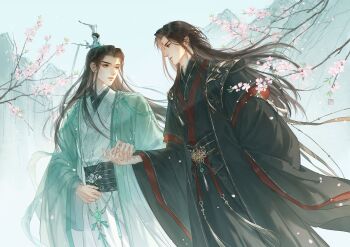 Rule 34 | absurdres, adam's apple, black hair, black hanfu, blue sky, cherry blossoms, chinese clothes, closed mouth, commentary request, cowboy shot, curtained hair, dutch angle, falling petals, floating hair, from below, furisode sleeves, green eyes, green hanfu, half updo, hanfu, highres, holding hands, layered sleeves, long hair, long sleeves, looking at another, luo binghe, male focus, mountain, parted bangs, petals, pink petals, red eyes, renzha fanpai zijiu xitong, ribboned xiao guan, shen qingqiu, sidelocks, sky, thick eyebrows, very long hair, wolf cut, yaoi, yunchuan 1013, zuiyin