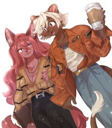 Rule 34 | 2girls, animal ears, art trade, black pants, blonde hair, blush, body fur, brown cardigan, brown fur, cardigan, coffee cup, commentary, cowboy shot, cup, disposable cup, dutch angle, english commentary, fangs, fur-tipped tail, furry, furry female, hair between eyes, hand up, highres, holding, holding cup, jacket, jewelry, lion ears, lion girl, lion tail, long hair, long sleeves, looking at another, multiple girls, necklace, open mouth, orange jacket, original, pants, pink fur, pink hair, purple eyes, rata (norahasu), short hair, simple background, standing, tail, very long hair, white background, wolf ears, wolf girl, wolf tail