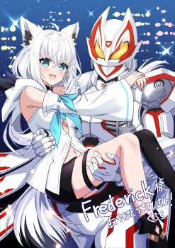 1boy 1girl ahoge animal_ear_fluff animal_ears aqua_eyes armor blue_neckerchief blush bodysuit boost_mark_ix_buckle braid breasts cape commission crossover desire_driver detached_sleeves fox_ears fox_girl fox_mask fox_tail front_slit green_eyes hair_between_eyes helmet highres holding hololive hood hooded_vest hoodie kamen_rider kamen_rider_geats kamen_rider_geats_(series) kamen_rider_geats_ix kurokuro100 long_hair looking_at_viewer mask neckerchief open_mouth pentagram rider_belt shirakami_fubuki shirakami_fubuki_(1st_costume) shorts side_braid sidelocks single_braid single_thighhigh skeb_commission smile tail thighhighs tokusatsu vest virtual_youtuber white_hair white_hoodie yellow_eyes