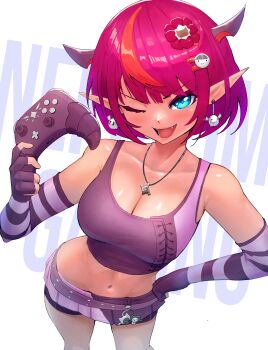 1girl ;d absurdres black_gloves black_skirt black_tank_top blue_eyes bob_cut breasts cleavage commentary controller crop_top earrings elbow_gloves english_commentary english_text fangs fingerless_gloves game_controller gloves hair_ornament hairpin hand_on_own_hip hand_up highres holding holding_controller holding_game_controller hololive hololive_english horns irys_(hololive) jewelry large_breasts looking_at_viewer microskirt midriff navel necklace one_eye_closed open_mouth pleated_skirt pointy_ears purple_hair red_streaks skirt smile solo striped_clothes striped_gloves tank_top text_background v-shaped_eyebrows virtual_youtuber yodokogon