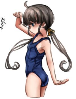 1girl ahoge ass bell black_hair blue_eyes blue_one-piece_swimsuit breasts commentary_request cropped_legs hair_bell hair_ornament highres kaiboukan_no._22_(kancolle) kantai_collection lilshigu loli low_twintails one-hour_drawing_challenge one-piece_swimsuit school_swimsuit simple_background small_breasts solo standing swimsuit twintails twitter_username white_background