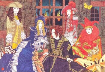 5boys band_(music) blonde_hair blue_dress bonnet brown_hair bug crossdressing crossdressing_(mtf) curly_hair dress fine_art_parody fingernails frilled_sleeves frills gackt hat insect jester jester_cap kami_(malice_mizer) kozi_(malice_mizer) lolita_fashion long_fingernails long_hair long_sleeves male_focus malice_mizer mana_(malice_mizer) moth multiple_boys nihonga ouji_fashion parody red_hair third-party_source ukiyo-e visual_kei yamamoto_takato yu~ki_(malice_mizer)