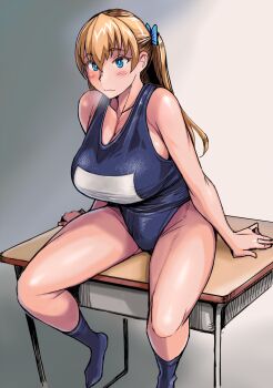 1girl arm_support blonde_hair blue_eyes blue_one-piece_swimsuit blue_socks blush breasts cleavage closed_mouth commentary_request desk hair_ornament highres huge_breasts indoors legs_apart long_hair looking_at_viewer mariana_princilla on_desk one-piece_swimsuit reco_love reco_love_gold_beach school_swimsuit sitting socks solo swimsuit tsuda_nanafushi