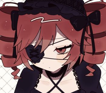 1girl black_bow black_dress black_hairband blush_stickers bow closed_mouth collarbone commentary dress drill_hair eyepatch gothic_lolita grid_background hair_bow hairband highres kasane_teto lolita_fashion okayu_(cwtv7823) portrait red_eyes red_hair short_hair solo twin_drills utau white_background