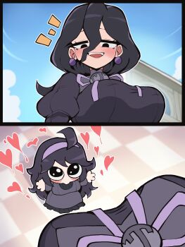 2girls absurdres black_dress blush breasts chibi dice_coffeedox dress earrings female_pov from_below half-closed_eyes heart hex_maniac_(pokemon) hex_maniac_(pokemon_legends:_z-a) hex_maniac_(pokemon_xy) highres jewelry large_breasts large_earrings multiple_girls nintendo open_mouth pokemon pokemon_legends:_z-a pokemon_xy pov smile sphere_earrings yuri