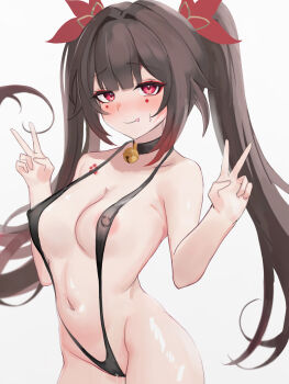 1girl :p absurdres alternate_costume areola_slip armpit_crease bell black_choker black_slingshot_swimsuit blunt_bangs blush breasts brown_hair butterfly-shaped_pupils cameltoe choker closed_mouth commentary_request covered_erect_nipples cowboy_shot double_v eyelashes eyeshadow floating_hair furrowed_brow groin hair_intakes hands_up highres honkai:_star_rail honkai_(series) jingle_bell long_hair looking_at_viewer makeup medium_breasts navel neck_bell nose_blush paid_reward_available pussy_juice red_eyes red_eyeshadow shiki_samapoke shiny_skin sidelocks slingshot_swimsuit smile solo sparkle_(honkai:_star_rail) stomach sweatdrop swimsuit symbol-shaped_pupils tongue tongue_out tsurime twintails v very_long_hair