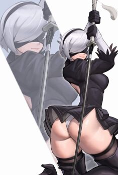 1girl 2b_(nier:automata) absurdres ass back_cutout black_boots black_dress black_gloves black_hairband black_thighhighs blindfold boots breasts closed_mouth clothing_cutout commentary covered_eyes dress english_commentary feather-trimmed_sleeves gloves grey_hair hairband high_heel_boots high_heels highres holding holding_sword holding_weapon juliet_sleeves katana long_sleeves medium_breasts mole mole_under_mouth nier:automata nier_(series) puffy_sleeves short_hair solo sword tassel thighhighs thighhighs_under_boots virtuous_contract weapon zoom_layer zukululuu