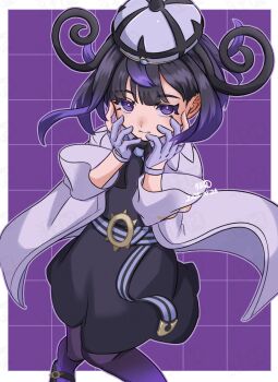 1girl belt black_dress black_hair border closed_mouth coat dated dress eyelashes gloves gradient_hair grid_background gwynn_(pokemon) hat highres krkrnk_sub long_sleeves looking_at_viewer multicolored_hair nintendo o-ring o-ring_belt outline outside_border pantyhose partially_fingerless_gloves pokemon pokemon_legends:_z-a purple_background purple_eyes purple_gloves purple_hair purple_outline short_hair solo white_coat