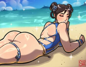 Rule 34 | 1girl, alternate costume, ass, back, back cutout, bare shoulders, beach, blue one-piece swimsuit, bracelet, breasts, brown hair, capcom, chun-li, closed eyes, clothing cutout, cowboy shot, curvy, double bun, earrings, flower, hair bun, hair flower, hair ornament, highleg, highleg one-piece swimsuit, huge ass, jewelry, lying, official alternate costume, on stomach, one-piece swimsuit, open mouth, samario, shiny skin, sky, smile, solo, street fighter, street fighter 6, sunbathing, swimsuit, thick thighs, thighhighs, thighs, thong one-piece swimsuit, wide hips