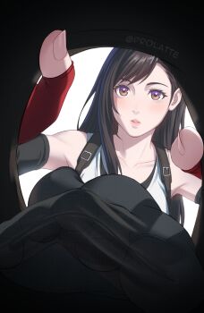 Rule 34 | 1girl, bare shoulders, black hair, brown eyes, collarbone, final fantasy, final fantasy vii, final fantasy vii remake, fingerless gloves, from below, ghhoward, gloves, hair behind ear, highres, lips, long hair, looking at viewer, mixed-language commentary, parted lips, pink lips, pov, red eyes, red gloves, single sidelock, solo, suspenders, tank top, tifa lockhart, upper body, white tank top