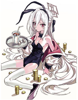 Rule 34 | 1girl, alternate costume, animal ear hairband, animal ears, black leotard, black shoes, blue archive, bow, bowtie, breasts, detached collar, fake animal ears, hair between eyes, hair bow, hairband, highres, holding, holding tray, jacket, jacket partially removed, kei (blue archive), kei (new body) (blue archive), leotard, long hair, looking at viewer, nobita (makoto7060355), playboy bunny, rabbit ear hairband, rabbit ears, red eyes, shoes, simple background, small breasts, solo, strapless, strapless leotard, thighhighs, tray, very long hair, white background, white hair, white jacket, white thighhighs