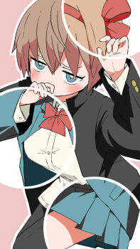 1girl arm_up black_jacket black_pants blue_eyes blue_jacket blue_skirt blush bow brown_hair collared_shirt commentary_request copyright_request covered_mouth dress_shirt gakuran hair_bow hairband hand_up highres jacket long_sleeves looking_at_viewer pants pleated_skirt red_bow red_hairband school_uniform shirt skirt solo white_shirt yukimoto_shuuji_(gurigura)