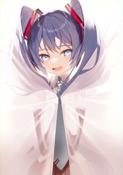 1girl absurdres blue_eyes blue_hair blue_necktie collared_shirt commentary curtain_grab curtains detached_sleeves hatsune_miku highres long_hair looking_at_viewer necktie open_mouth pleated_skirt reirou_(chokoonnpu) shirt shoulder_tattoo skirt solo symbol-only_commentary tattoo twintails vocaloid white_background