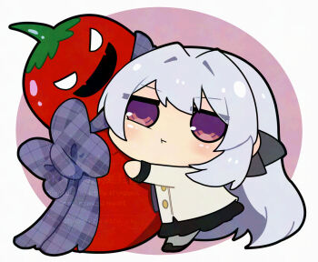 1girl :t black_ribbon black_shoes black_skirt blue_bow blush bow buttons chibi closed_mouth commentary_request full_body grey_background grey_hair grey_pantyhose hair_ribbon hand_up hugging_doll hugging_object jacket jitome long_hair long_sleeves looking_at_viewer maki2mawaru miniskirt oversized_object pantyhose plaid_bow purple_background purple_eyes ribbon school_uniform shoes shoujo_kageki_revue_starlight shoujo_kageki_revue_starlight_-re_live- skirt solo standing stuffed_chili_pepper stuffed_toy twitter_username two-tone_background v-shaped_eyebrows very_long_hair watermark white_jacket yukishiro_akira