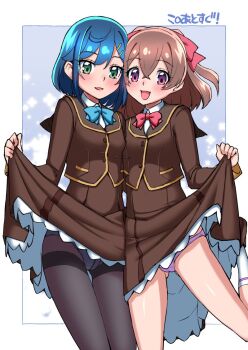 2girls asortofcolorfag asymmetrical_docking blue_hair blush breast_press breasts brown_dress brown_hair brown_jacket colorized delicious_party_precure dress eyebrows_hidden_by_hair fuwa_kokone gluteal_fold green_eyes hair_between_eyes hair_ornament hair_ribbon hairclip jacket looking_at_viewer medium_hair miyagoe_yoshitsuki multiple_girls nagomi_yui open_mouth panties panties_under_pantyhose pantyhose pink_ribbon precure purple_eyes purple_panties ribbon school_uniform small_breasts smile standing standing_on_one_leg underwear