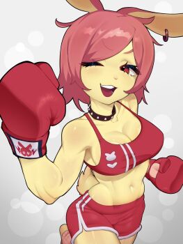 1girl 2023 :d animal_print bare_shoulders blush borrowed_character boxing_gloves breasts cleavage collar collarbone colored_eyelashes colored_skin commentary commission earrings english_commentary eyelashes female_focus freefgp from_above grey_background heart highres jewelry large_breasts looking_at_viewer makeup mascara mochabaebae muscular muscular_female navel one_eye_closed open_mouth original patterned_background pink_hair rabbit_ears rabbit_girl rabbit_print rabbit_tail raised_fist red_eyes red_shirt red_shorts shirt short_hair shorts simple_background smile solo spiked_collar spikes sports_bra standing standing_on_one_leg tebu_(mochabaebae) teeth tongue upper_teeth_only v-shaped_eyebrows wink yellow_skin