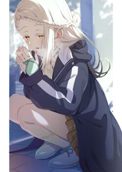 1girl absurdres black_jacket blonde_hair blurry blurry_background blush braid braided_bangs breathing_on_hands commentary_request gakuen_idolmaster highres idolmaster jacket koukei_(idolmaster) long_hair long_sleeves orange_eyes outside_border pillarboxed pleated_skirt shinosawa_hiro shoes skirt solo squatting tamago_sando warming_hands winter