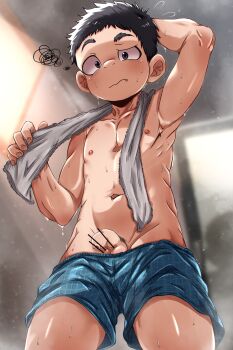 1boy bar_censor censored closed_mouth fang male_focus nipples original penis short_hair shota solo sweat third-party_edit towel towel_around_neck underwear waryusa