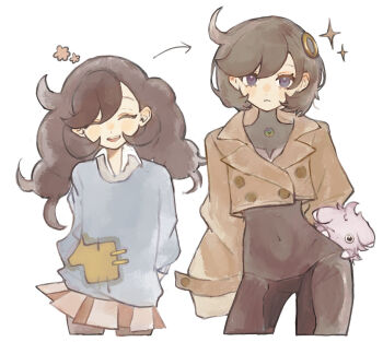 2girls ^_^ age_progression alternate_skin_color arms_behind_back arrow_(symbol) black_bodysuit black_hair blue_sweater bodysuit bodysuit_under_clothes brown_jacket chamopichamo closed_eyes collared_shirt covered_navel dark_skin emma_(pokemon) espurr gen_6_pokemon highres jacket long_hair long_sleeves looking_at_viewer mega_stone multiple_girls nintendo open_mouth patch pokemon pokemon_legends:_z-a pokemon_xy purple_eyes shirt short_hair skirt smile sweater