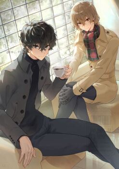 2boys akechi_gorou amamiya_ren black_gloves black_hair black_jacket brown_coat brown_hair closed_mouth coat coffee coffee_mug crossed_legs cup gloves hair_between_eyes highres holding jacket kra_0056 long_sleeves looking_at_viewer male_focus mug multiple_boys pants persona persona_5 plaid_clothes plaid_scarf red_eyes scarf shirt short_hair sitting smile