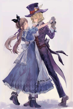 1boy 1girl aged_down alternate_costume artist_request blonde_hair blue_dress blue_eyes brown_hair closed_mouth commission couple dancing dimitri_alexandre_blaiddyd dimitri_alexandre_blaiddyd_(young) dress edelgard_von_hresvelg edelgard_von_hresvelg_(young) fire_emblem fire_emblem:_three_houses formal_clothes from_side full_body gloves hair_between_eyes hair_ribbon hat headband hetero highres holding holding_sword holding_weapon long_hair looking_at_another nintendo open_mouth pant_suit pants parted_bangs purple_eyes purple_ribbon purple_suit ribbon short_hair short_sleeves simple_background standing suit sword twintails weapon wrist_cuffs