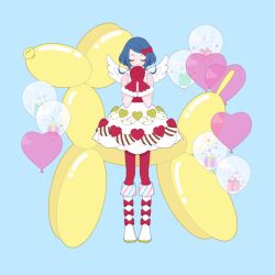Rule 34 | 1girl, balloon, balloon animal, blue background, blue hair, boots, bow, closed eyes, closed mouth, dress, facing viewer, feathered wings, full body, hair bow, hands up, heart, heart balloon, heart print, highres, interlocked fingers, knee boots, nyaasechan, own hands together, pretty rhythm, pretty rhythm rainbow live, pretty series, rinne (pretty rhythm), short hair, sleeveless, sleeveless dress, smile, solo, standing, straight-on, white dress, white footwear, white wings, wings