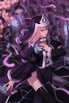 Rule 34 | 1girl, alternate costume, arm at side, arm belt, ass, black skirt, black thighhighs, blunt bangs, blurry, cherry blossoms, depth of field, dual wielding, female focus, flower, folding fan, goshoguruma, hand fan, hand on own chest, hat, hexagon, highres, hitodama, holding, holding fan, honeycomb pattern, japanese clothes, koumajou densetsu, koumajou densetsu 2, light smile, long sleeves, looking at viewer, mob cap, outdoors, pavement, pelvic curtain, petals, pink eyes, pink hair, pink lips, puffy long sleeves, puffy sleeves, red-d, ribbon, saigyouji yuyuko, saigyouji yuyuko's fan design, shippou (pattern), skirt, solo, thighhighs, touhou, tree, triangular headpiece, veil, walking, wide sleeves