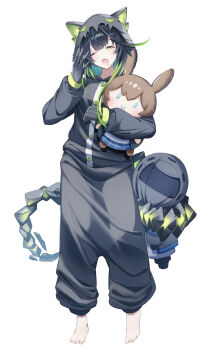 Rule 34 | 1girl, absurdres, amiya (arknights), animal hood, aqua hair, arknights, barefoot, black hair, buttons, character doll, colored extremities, colored inner hair, commentary, crystal tail, doctor (arknights), doll, dot nose, drooling, fang, fingernails, full body, green eyes, green hair, highres, holding, hood, hood up, light blush, long hair, long sleeves, looking at viewer, mon3tr (arknights), mouth drool, multicolored hair, ohagi umeume, one eye closed, onesie, open mouth, pajamas, simple background, skin fang, solo, standing, tail, tail wrap, tearing up, white background, wrinkled fabric, yawning