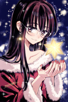 1girl artist_name black_hair blue_background blush character_name christmas closed_mouth collarbone commentary copyright_name dress earrings fur-trimmed_dress fur_trim glasses glowing glowing_earrings hair_over_shoulder hexagram himawari-san himawari-san_(character) jewelry long_hair long_sleeves looking_at_viewer nail_polish outdoors purple_eyes red_dress red_nails santa_costume santa_dress signature single_bare_shoulder smile snowing solo sparkle star_(symbol) star_earrings sugano_manami upper_body white-framed_eyewear