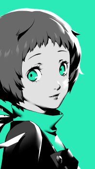 1girl absurdres black_jacket gekkoukan_high_school_uniform green_background green_eyes green_sweater highres jacket looking_at_viewer official_art persona persona_3 persona_3_reload school_uniform second-party_source shimada_azusa short_hair simple_background solo sweater turtleneck turtleneck_sweater yamagishi_fuuka