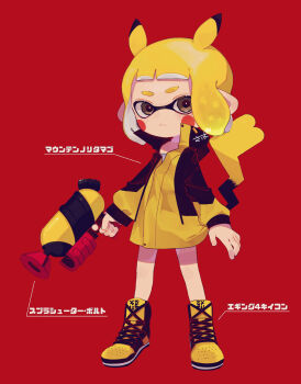 1girl animal_ears blonde_hair blush_stickers brown_eyes cosplay frown gen_1_pokemon highres holding holding_water_gun inkling inkling_girl inkling_player_character jacket long_sleeves looking_at_viewer nintendo pikachu pikachu_(cosplay) pikachu_ears pikachu_tail pointy_ears pokemon pokemon_tail red_background sabata_saba shoes short_hair simple_background sneakers splatoon_(series) tail tentacle_hair translation_request water_gun yellow_jacket yellow_shoes