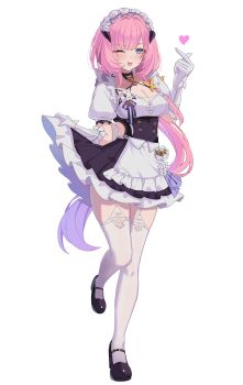 1girl ;o absurdres apron black_dress black_horns black_shoes blue_eyes breasts butterfly_hair_ornament cleavage commentary_request dress elysia_(honkai_impact) elysia_(miss_pink)_(honkai_impact) elysia_(miss_pink_elf)_(honkai_impact) fake_horns full_body gloves hair_ornament highres honkai_(series) honkai_impact_3rd horns kuwahara_taiki large_breasts long_hair looking_at_viewer maid maid_apron maid_headdress official_alternate_costume one_eye_closed pink_hair puffy_short_sleeves puffy_sleeves shoes short_sleeves simple_background solo thighhighs thighs very_long_hair white_apron white_background white_gloves white_thighhighs zettai_ryouiki