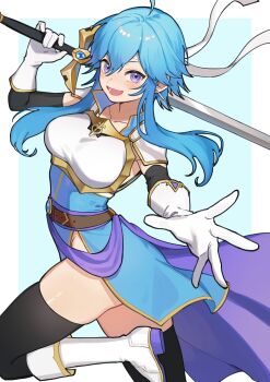 1girl :d absurdres ahoge armor armpits belt blue_hair blue_tunic blush boots breastplate breasts commentary_request commission commissioner_upload earrings elbow_gloves fire_emblem fire_emblem:_genealogy_of_the_holy_war furukawa_raku gloves headband highres hip_bones holding holding_sword holding_weapon jewelry looking_at_viewer medium_breasts nintendo open_mouth original over_shoulder pelvic_curtain popped_collar purple_eyes sash selia_(mrtalkingdino) short_hair shoulder_armor sidelocks skeb_commission skindentation sleeveless smile solo sword thick_thighs thighhighs thighs tomboy tunic weapon weapon_over_shoulder white_headband