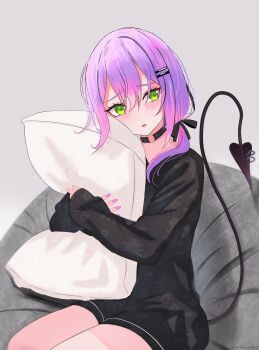1girl absurdres bean_bag_chair black_choker choker demon_girl demon_tail earrings gradient_hair green_eyes highres hololive hugging_object jewelry mfcrossfire multicolored_hair open_mouth pajamas pillow pillow_hug pink_hair purple_hair ring short_hair shy sitting tail tokoyami_towa virtual_youtuber