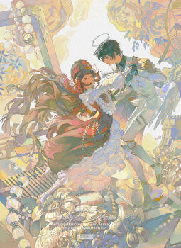 1boy 1girl black_gloves brown_eyes brown_hair commission couple dress feathered_wings flower gem gloves grin hair_ornament halo headdress highres holding_hands long_hair long_sleeves looking_at_another low_wings mihuashi_commission original pants pearl_(gemstone) profile red_hair rose short_hair smile ssoouull white_halo white_pants white_wings wings