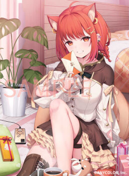 1girl ahoge animal_ear_fluff animal_ears bed boots box braid breasts brown_boots brown_skirt cellphone charger copyright_name cup earclip envelope gift gift_box grin hair_intakes hair_ornament hairclip holding holding_envelope looking_at_viewer mug nijisanji official_alternate_costume official_alternate_hairstyle official_art orange_eyes phone plant potted_plant ratna_petit ratna_petit_(7th_costume) red_hair red_panda sample_watermark shirt single_thigh_boot skirt smartphone smile solo teeth thigh_boots virtual_youtuber watermark white_shirt x_hair_ornament yuuri_nayuta