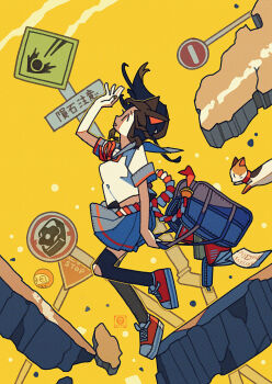 1girl bag cat daruma_doll falling highres kneehighs looking_up original pleated_skirt red_shoes road_sign school_bag school_uniform serafuku shoes sign skirt sneakers socks solo stop_sign tenteko_mai51 warning_sign