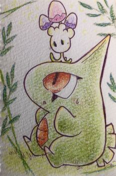 Rule 34 | absurdres, commentary request, full body, gen 2 pokemon, gen 7 pokemon, grass, highres, larvitar, morelull, nintendo, on head, open mouth, pokemon, pokemon (creature), pokemon focus, pokemon on head, red eyes, ryuym koue, sitting, sweatdrop, traditional media