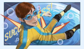 1boy black_shoes blue-framed_eyewear blue_eyes bodysuit border brown_hair bubble dispatch goggles hashtag-only_commentary highres kikki0429110906 knee_pads looking_at_viewer male_focus multicolored_bodysuit outside_border parted_hair shoes smile solo swim_goggles teeth water waterboy_(dispatch) white_border