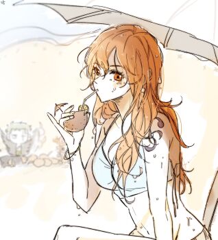 1girl 2boys bangle bare_shoulders beach_umbrella bikini blue_bikini blurry blurry_background bracelet breasts commentary_request drink drinking drinking_straw earrings from_side highres jewelry korean_commentary long_hair looking_at_viewer medium_breasts multiple_boys nami_(one_piece) one_piece orange_eyes orange_hair pearl_earrings roronoa_zoro shoulder_tattoo sitting stomach swimsuit tattoo tony_tony_chopper ttoottoo umbrella upper_body wavy_hair wet wet_hair
