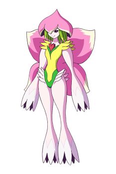 Rule 34 | 1girl, colored skin, commentary request, digimon, digimon (creature), digimon beatbreak, full body, green hair, green leotard, leotard, lilamon, official art, pink skin, short hair, simple background, smile, solo, transparent background
