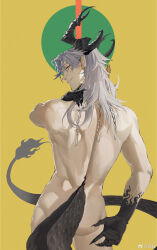 Rule 34 | 1boy, animal hands, antlers, braid, chinese commentary, claws, commentary request, completely nude, cowboy shot, dragon boy, dragon tail, earrings, from behind, grey hair, grin, hand on own shoulder, highres, horn bell, horn ornament, horns, ishitsu kenzou, jewelry, long hair, looking at viewer, looking back, male focus, monster boy, nude, original, pointy ears, sharp teeth, simple background, slit pupils, smile, solo, tail, teeth, yellow background, yellow eyes